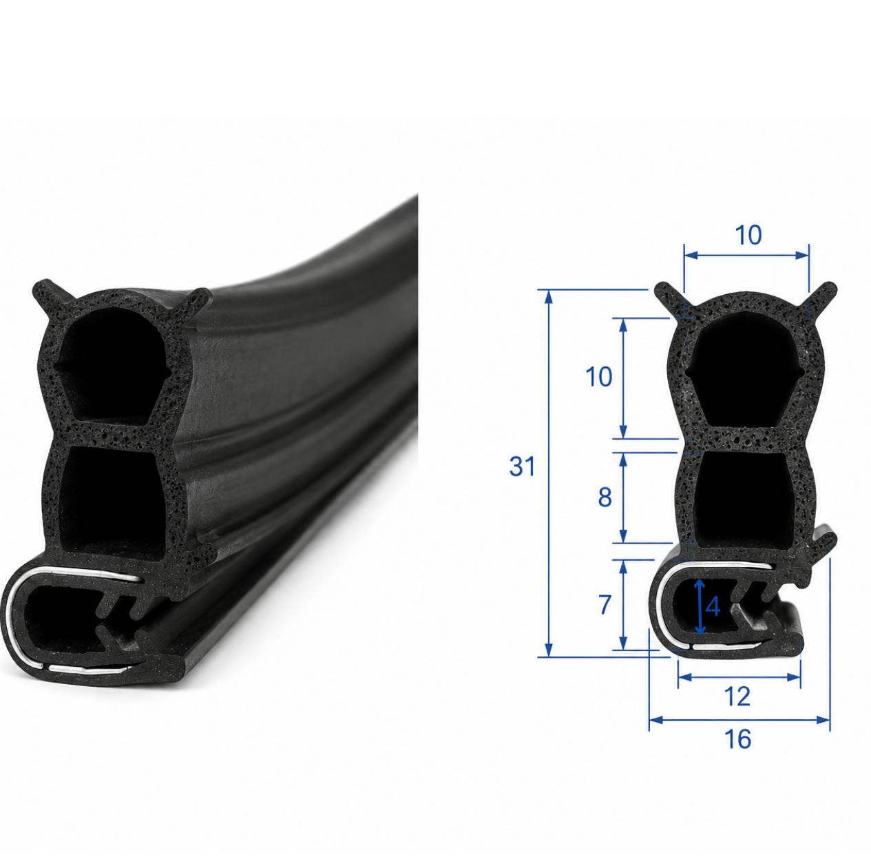 Pakettiauton, vanin ovitiiviste EPDM vahvistettu – kaksoiskammio, profiili 31x16 mm